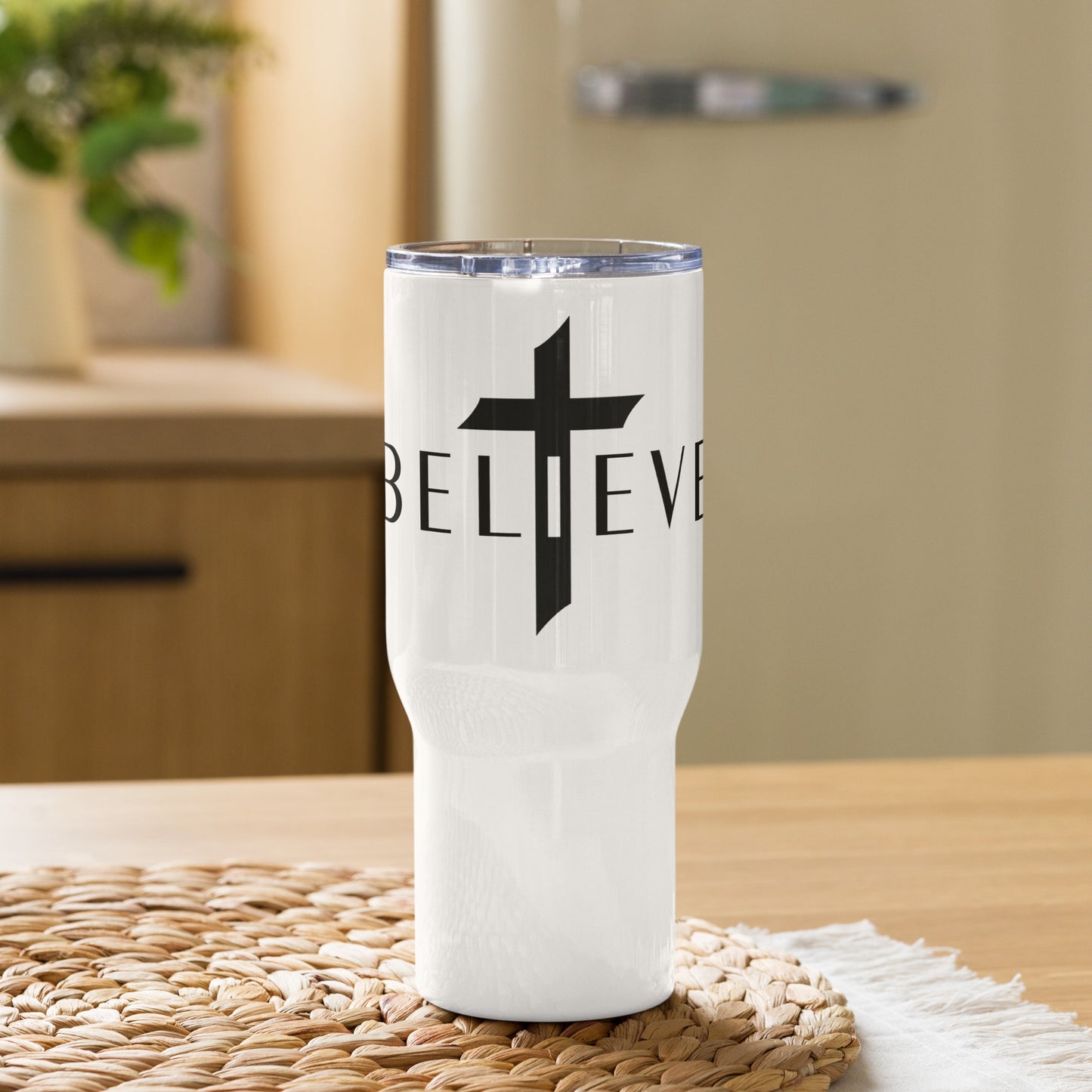 BELIEVE Travel mug with a handle