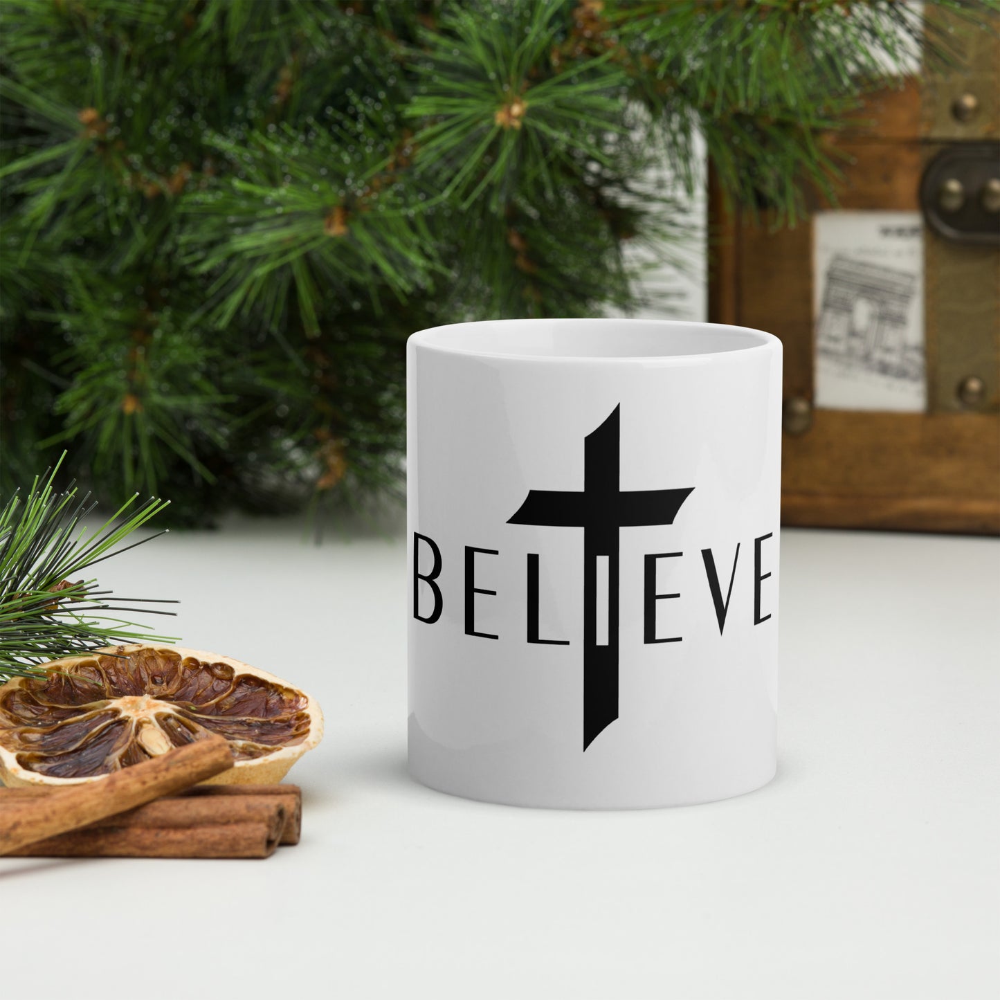 BELIEVE White glossy mug