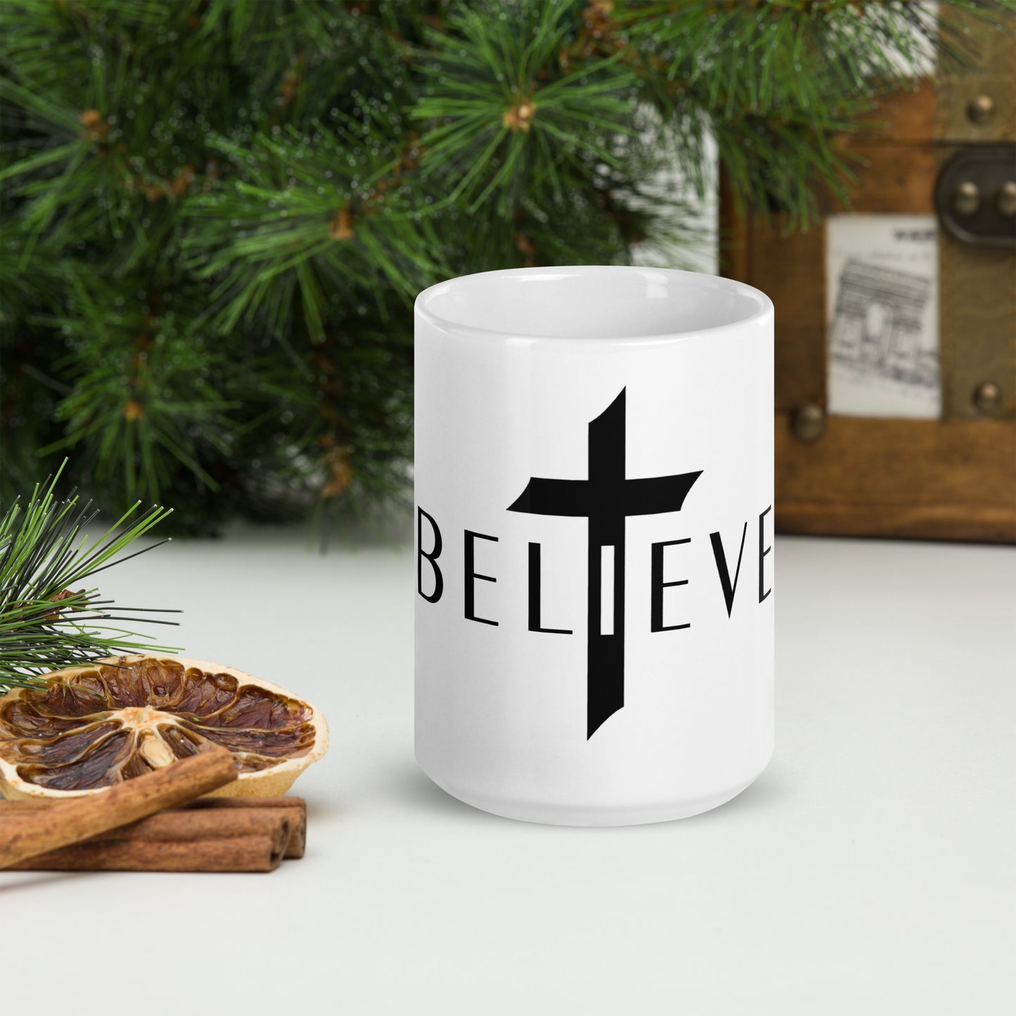 BELIEVE White glossy mug