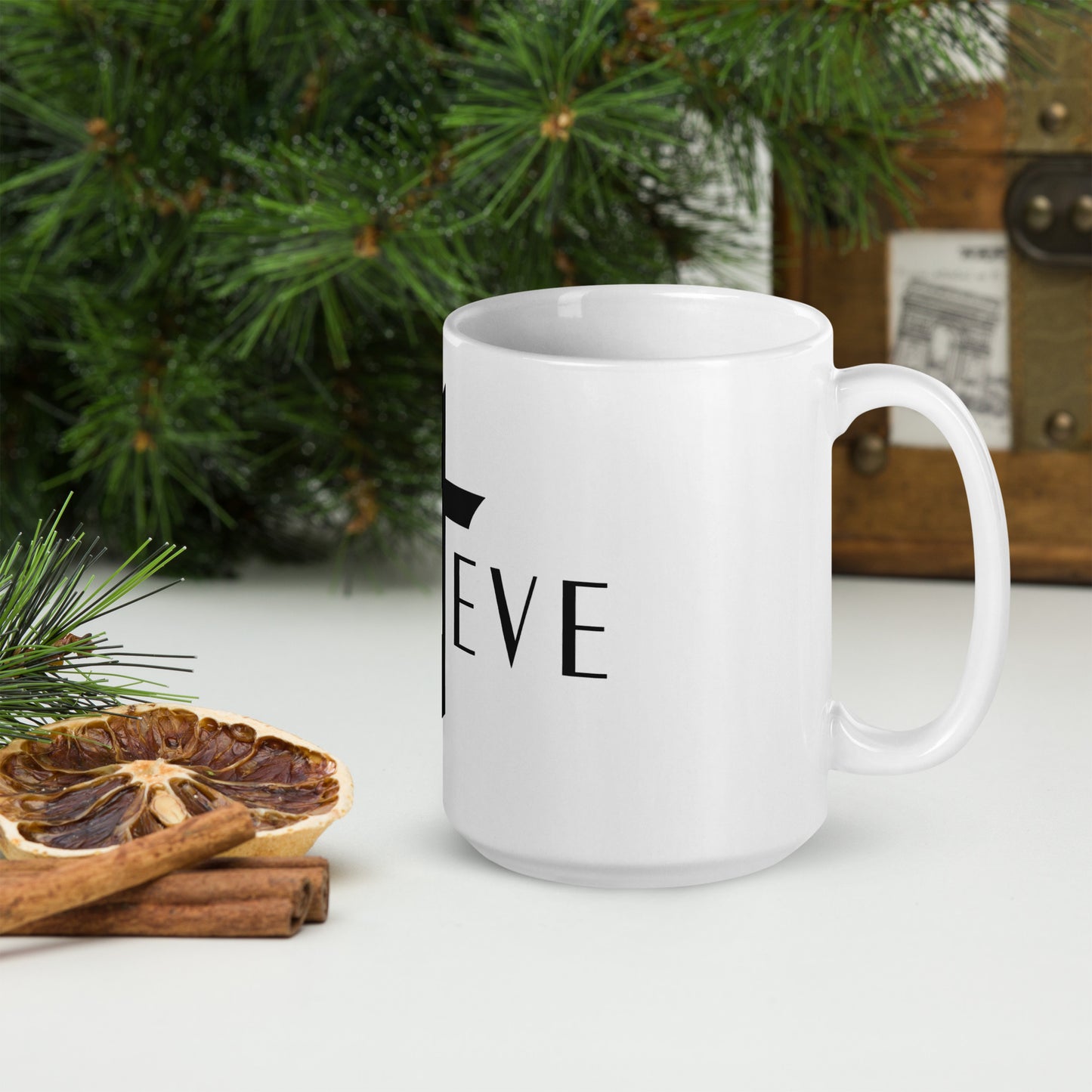 BELIEVE White glossy mug