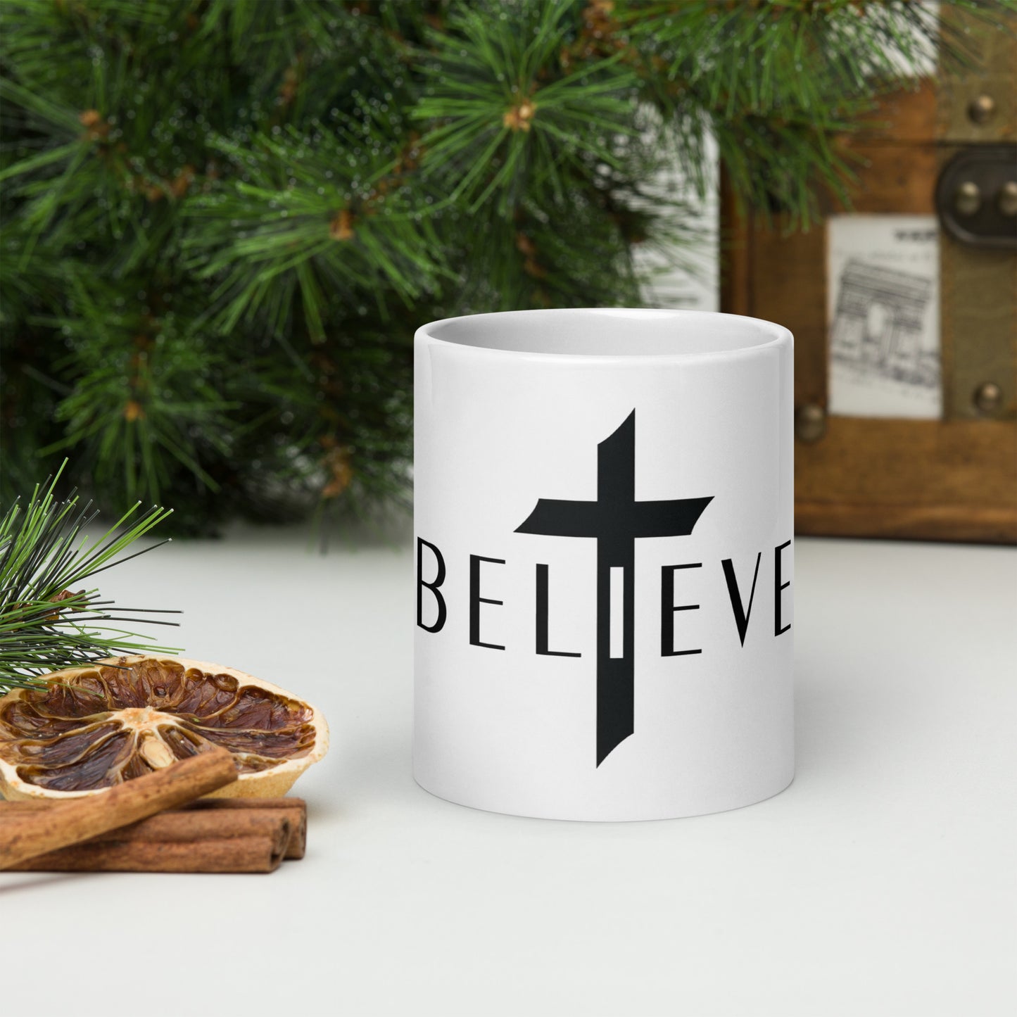 BELIEVE White glossy mug