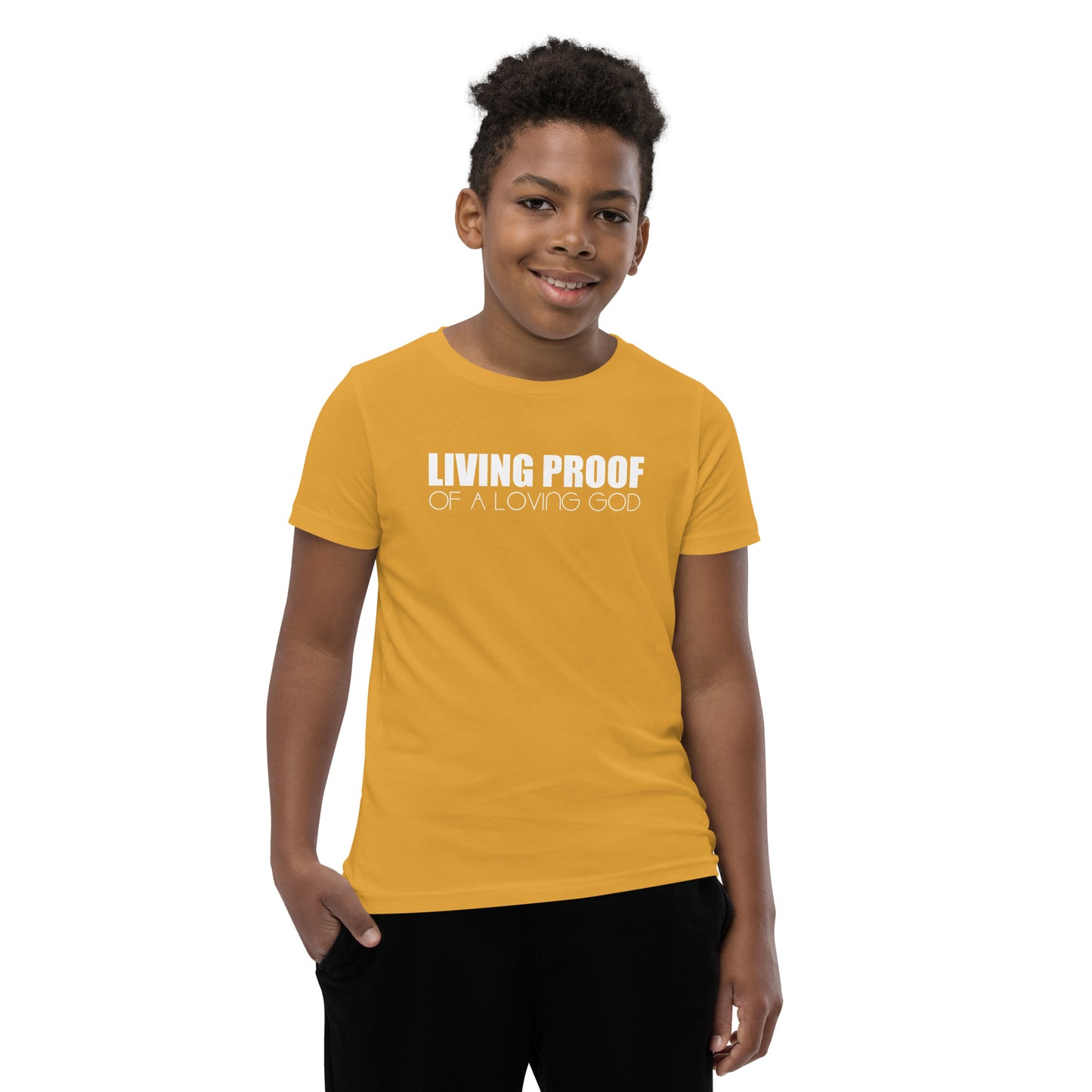 LIVING PROOF OF A LOVING GOD Youth Short Sleeve T-Shirt